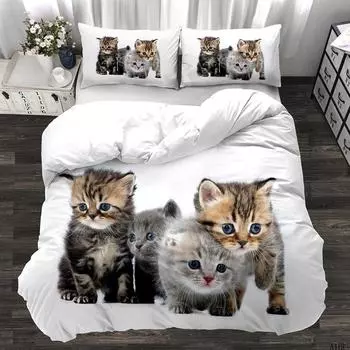 Пододеяльник с изображением кота, подарок любителю кошек, двойной пододеяльник для детей и подростков, микрофибра, милый котенок, тема животных, комплект постельного белья размера «queen-king-size» EU single(135x200cm)