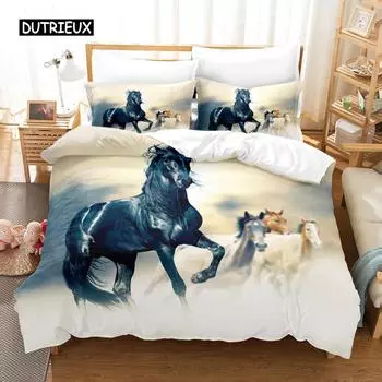 Пододеяльник с изображением лошади, комплект постельного белья King Size, черный, белый, коричневый, с принтом лошади, полиэстер, 3D-животное для взрослых и подростков, пододеяльник EU single(135x200cm)