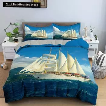 Пододеяльник с изображением парусника в морском стиле Queen King Size, комплект постельного белья в стиле лодки с 3D-рисунком маслом, мягкий полиэстеровый чехол для пододеяльника Ocean Soft 2/3 шт. EU single(135x200cm)