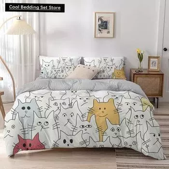 Пододеяльник с изображением животных Kitty King Queen, комплект постельного белья с изображением милого питомца, мультяшного кота, 2/3 шт., цветной полиэстеровый чехол для одеяла EU single(135x200cm)
