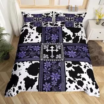 Пододеяльник с коровьим принтом Queen Vintage Floral Комплект постельного белья для девочек, мальчиков, мужчин, в стиле вестерн, фермерское животное, бычья шкура, одеяло EU single(135x200cm)