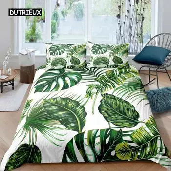 Пододеяльник с пальмовыми листьями King Full Banana Leaves Комплект постельного белья Hawaiian Tropical Leaves Green Branches 2/3 шт. Полиэстеровый пододеяльник EU single(135x200cm)
