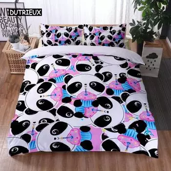 Пододеяльник с рисунком панды King Cute Panda Drinking Water Twin Комплект постельного белья из микрофибры Kawaii Black White Bear Покрывало для одеяла EU single(135x200cm)