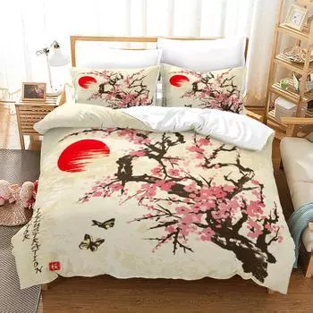 Пододеяльник с рисунком тушью King Queen Size, ствол дерева, солнце, цветок сливы, зимний природный пейзаж, покрывало из полиэстера для детей 70x133cm 2pcs