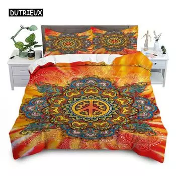 Пододеяльник с символом мира, великолепный комплект постельного белья Camper Van Peace Sign, микрофибра, мандала, одеяло, покрывало, украшение для спальни размера King Size EU single(135x200cm)