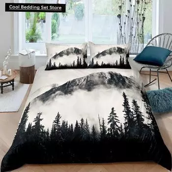Пододеяльник Smoky Mountain King Queen Grey Fog Pine Trees Комплект постельного белья Retro Natural Scene Art 2/3 шт. полиэстеровый пододеяльник US Queen(228x228cm)