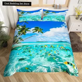Пододеяльник Summer Beach King Queen с изображением синих морских рыб, комплект постельного белья Hawaiian Sea Palm Trees, пододеяльник с изображением морских животных EU single(135x200cm)