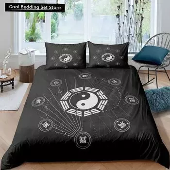 Пододеяльник Yin Yang King Queen Vintage Tai Chi Quilt Cover Комплект постельного белья с гаданиями Oriental Culture Polyester Sheer EU single(135x200cm)