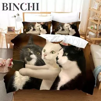 Пододеяльник Забавный милый Pograph Cats Постельное белье Комплект Модный Пододеяльник Наволочка Спальня Черный Кот Покрывала Постельный комплект Для Детей EU single(135x200cm)