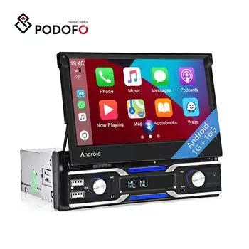 Podofo 1 Din 7 дюймов Android 10.1 Автомобильный радиоприемник Поддержка авторадио Беспроводная связь Carplay и Android Auto GPS-навигация Wi-Fi Bluetooth USB FM Вид сзади