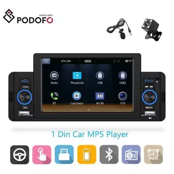 Podofo 1 Din Автомобильный MP5/MP3-плеер с 5-дюймовым сенсорным экраном Carplay Bluetooth FM-радио Камера заднего вида without camera чёрный