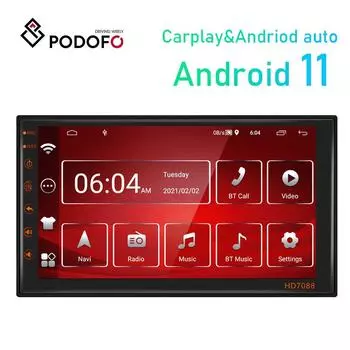Podofo 7-дюймовый 2-Din Android автомобильный радиоприемник с Carplay GPS FM-радио Bluetooth камера заднего вида without camera чёрный