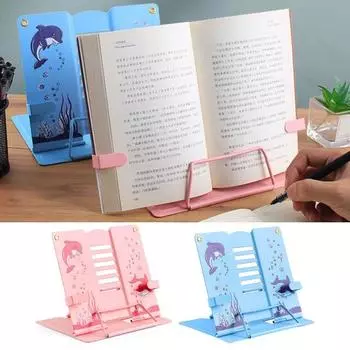 Подставка для книг для чтения с мультяшным дельфином, 6 уровней, регулируемая, многоцелевая, складная, из твердого железа, для детей, взрослых, студенческих книг, журналов, держатель с зажимом для планшета синий