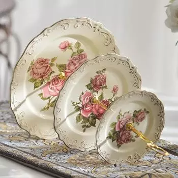 Подставка для торта из 3-х ярусов с розами, расписанная вручную, десертная тарелка в скандинавском стиле, блюдо для фруктов, закусок, столовая посуда, бытовая кухонная утварь