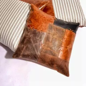 Подушка из кожи, коричневая кожаная подушка, лоскутная подушка, подарочная декоративная подушка, подарок для нее, ручная работа