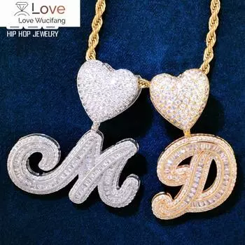 Подвеска Heart Bail Baguette Initial Cursive Letter для мужчин и женщин с микро-паве из циркония AZ Name, ожерелье с цепочкой, ювелирные изделия в стиле хип-хоп