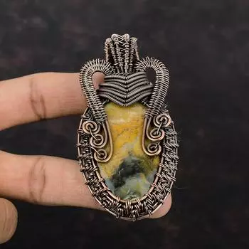 Подвеска из драгоценного камня Bumble Bee Jasper, обернутая медной проволокой, ювелирное изделие ручной работы, уникальный медный дизайн, подвеска с проволочной обмоткой, подарок для мамы