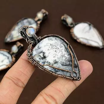 Подвеска из медной проволоки с натуральным дендритовым опалом и лунным камнем, 2,95 дюйма, D8E21
