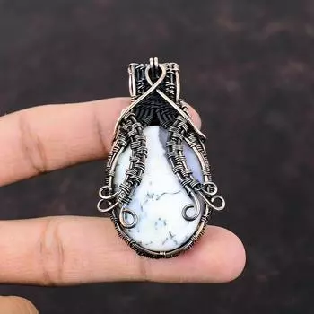 Подвеска из опала и дендрита из меди, обернутая медной проволокой, дизайнерская подвеска ручной работы, обернутая проволокой, драгоценный камень, медная ювелирная подвеска, подарок для нее