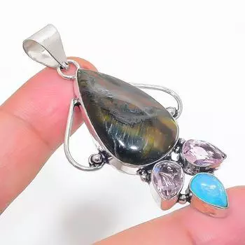 Подвеска из серебра 925 пробы с натуральным тигровым глазом и кунцитом 2,56 дюйма w9R24