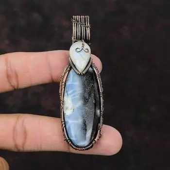 Подвеска Owyhee Blue Opal Copper Wire Wrapped, подвеска ручной работы из драгоценного камня, уникальные медные украшения, подвеска Rainbow Moonstone, ювелирные изделия с проволочной обмоткой