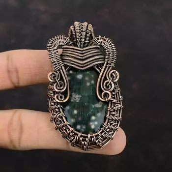 Подвеска с драгоценным камнем Ocean Jasper, медная проволока, ювелирные изделия, кулон ручной работы, медный кулон, кулон из проволочной обмотки, подарок для мамы, кулон с камнем по случаю рождения