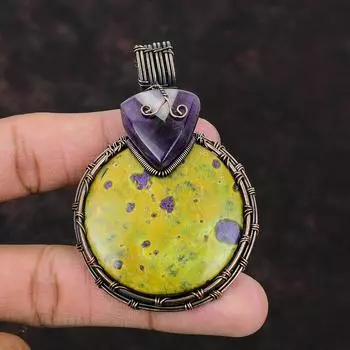 Подвеска Stichtite, подвеска из медной проволоки, обернутая в обертку, ювелирное изделие ручной работы, изящная подвеска из драгоценного камня, подвеска из медной проволоки с шевронным аметистом