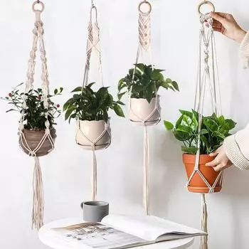 Подвесные корзины из макраме, плетеные из хлопка, цветочная корзина ручной работы, настенный вешалка для растений, комнатный бонсай, балкон, подъемная веревка с узлами