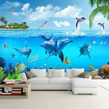 Подводный мир 3D Mural Дельфин Фотообои Гостиная Спальня Украшения Mural Обои 200 cm(W) x 140 cm(H)