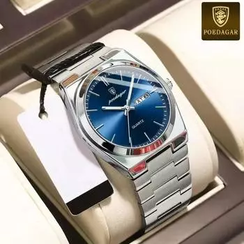 POEDAGAR Мужские часы класса люкс Оригинальные деловые мужские часы из нержавеющей стали Кварцевые часы с датой и неделей Светящиеся водонепроницаемые наручные часы серебряный/зелёный
