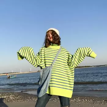 Pofulove свободный флуоресцентный зеленый полосатый свитер с длинными рукавами и круглым вырезом, женский пуловер XL белый