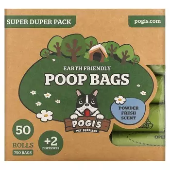 Pogi s Pet Supplies, экологически чистые пакеты для какашек, супер-пупер-упаковка, Powder Fresh, 50 рулонов, 750 пакетов, 2 дозатора
