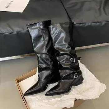 Pointed buckle pleated pile boots spring and autumn punk style knight boots middle heel fried street babes high tube pants boots 35