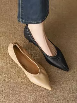 Pointed cat heel single shoes women s summer soft skin shallow mouth middle heel commuter professional work high heels spring and autumn models 34 чёрный