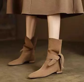 Pointed Flat Faux Suede Mid-Calf Boots Women 2024 New Autumn Korean Chelsea Boots Women s Retro Bow Comfortable Flat SHOES 35 коричневый