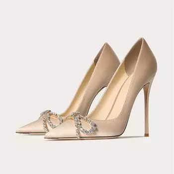Pointed French High Heels Rhinestone Bow Thin Heel Shallow Mouth Versatile Women s Single Shoes 34
