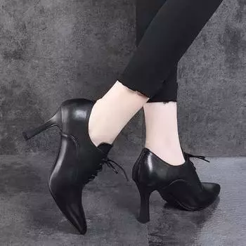 Pointed high heels women s autumn black first-layer cowhide lace-up stiletto fashion shoes two kinds of high-depth single shoes 34