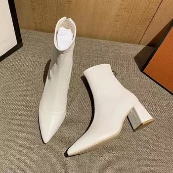 Pointed leather fashion women s boots autumn new rear zipper thick heel medium boots women s thin boots 35