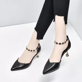 Pointed sandals high heels women s spring and new fairy shoes first layer cowhide hollow chain buckle stiletto women s shoes 34