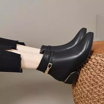 Pointed short boots women s autumn and winter metal buckle low-heeled cotton boots simple temperament fashion boots women s flat boots 34