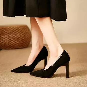 Pointed single shoes women s thick heel 2025 new shallow mouth simple suede rhinestone professional black high heels 34