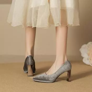 Pointed thick heel waterproof table single shoes femininity sexy suede high heels not tired feet French women s shoes 34 серый