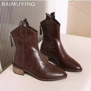 Pointed Toe Chunky Women Ankle Boots Elegant Leather Mid Heels Shoes 2025 Trend Winter Fashion Pumps Classic Goth Botas De Mujer 34 чёрный