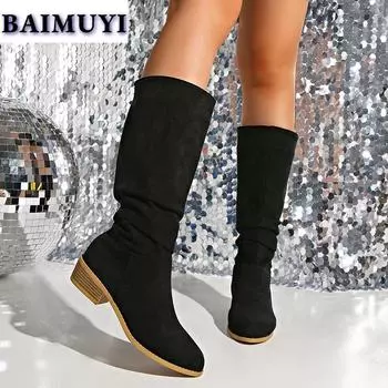 Pointed Toe Mid Heels Women Shoes Mid-calf Boots 2025 Trend Fashion Casual Pleated High Boots New Suede Goth Pumps Mujer Botas 36 чёрный