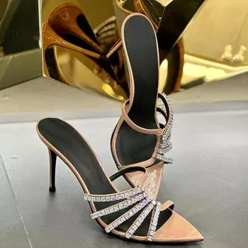 Pointed Toe Rhinestone Thin Strap Open Toe Sandals Summer 2024 New French Ladies Stiletto Heels Sexy Black High Heels Women 34