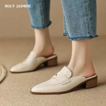 Pointed Toe Thick Heels Women Pumps Spring Summer Mature Concise Genuine Leather Muller Shoes Ladies Dress Loafers Shoes Woman 34 хаки