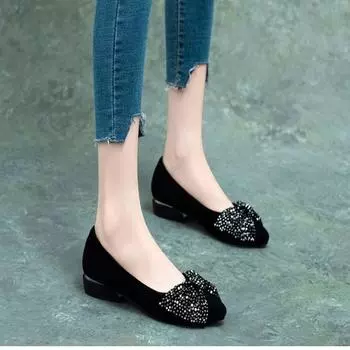 Pointed women s shoes 2025 new rhinestone bow single shoes non-slip shallow mouth casual shoes Korean version of four seasons work shoes 35 чёрный