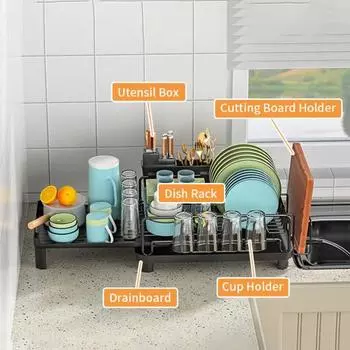 Полка для кухонной тарелки, двухслойная доска из углеродистой стали, выдвижная чашка и держатель для дренажа, тарелка, посуда, кухонная раковина