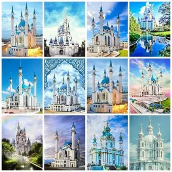 Полная квадратная/круглая алмазная живопись церковный пейзаж 5d сделай сам вышивка мозаика замок пейзаж домашний декор Full Round 20x30CM