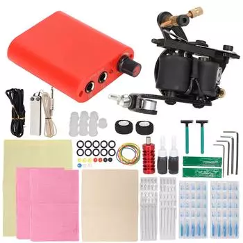 Полный комплект машинки для татуировки Mini Tattoo Power Supply 8 Wraps Tattoo Coil Machine Set US Plug красный